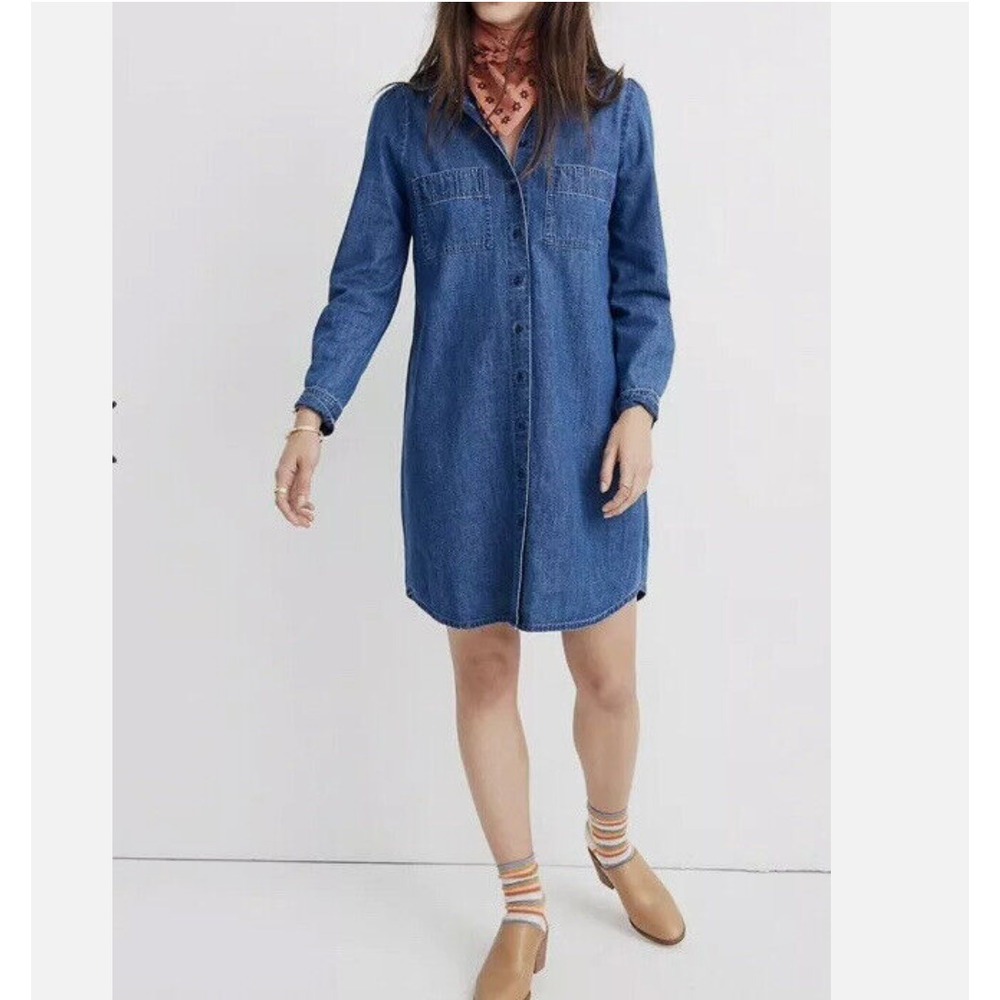 Madewell Denim Puff-Sleeve Button Up Shirt Dress Harris Wash Sz M K6059‎